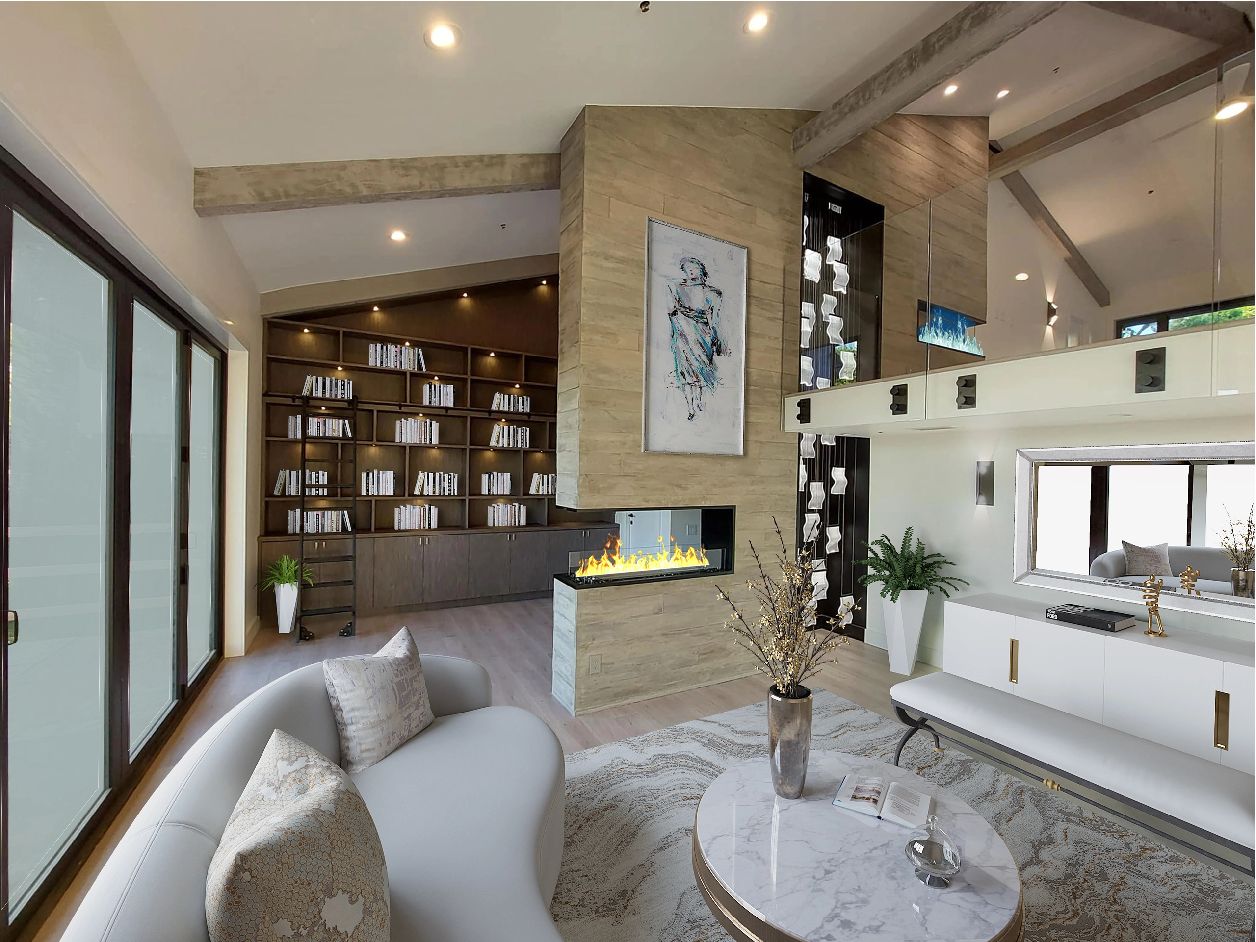 Modern living room interior with fireplace, bookshelf, and elegant furniture