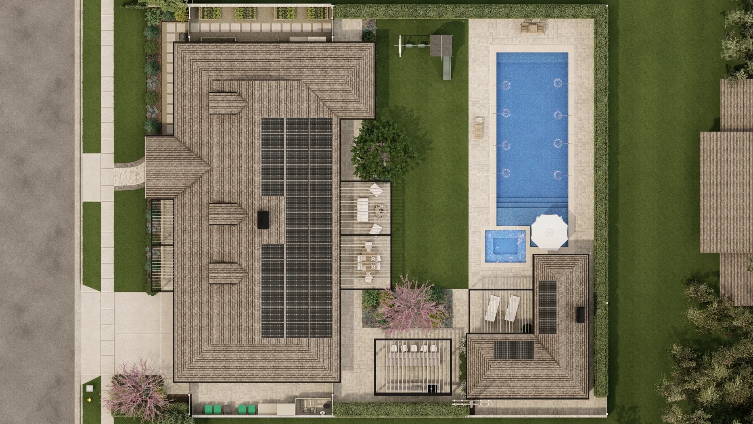 Aerial view of a modern house with solar panels, a large backyard, swimming pool, hot tub, patio seating, and landscaped garden areas.