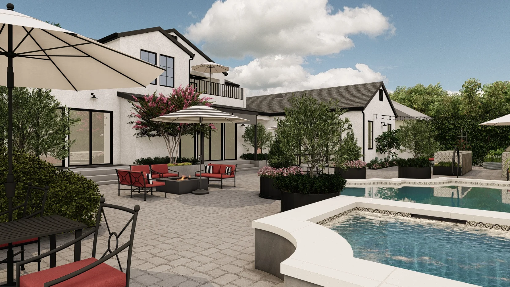 Modern backyard with a pool, outdoor seating areas with red cushions, umbrellas, lush potted plants, and a stunning two-story white house featured in this Custom Home Build Rendering in Santa Ana, CA under a partly cloudy sky.