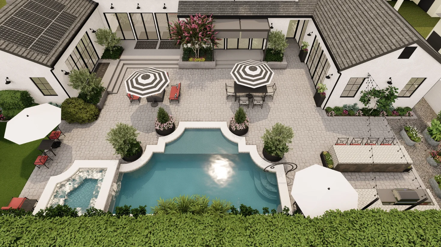 Aerial view of a modern backyard with a swimming pool, hot tub, lounge chairs, striped umbrellas, greenery, and a seating area on paved patio in this custom home build rendering in Santa Ana, CA.