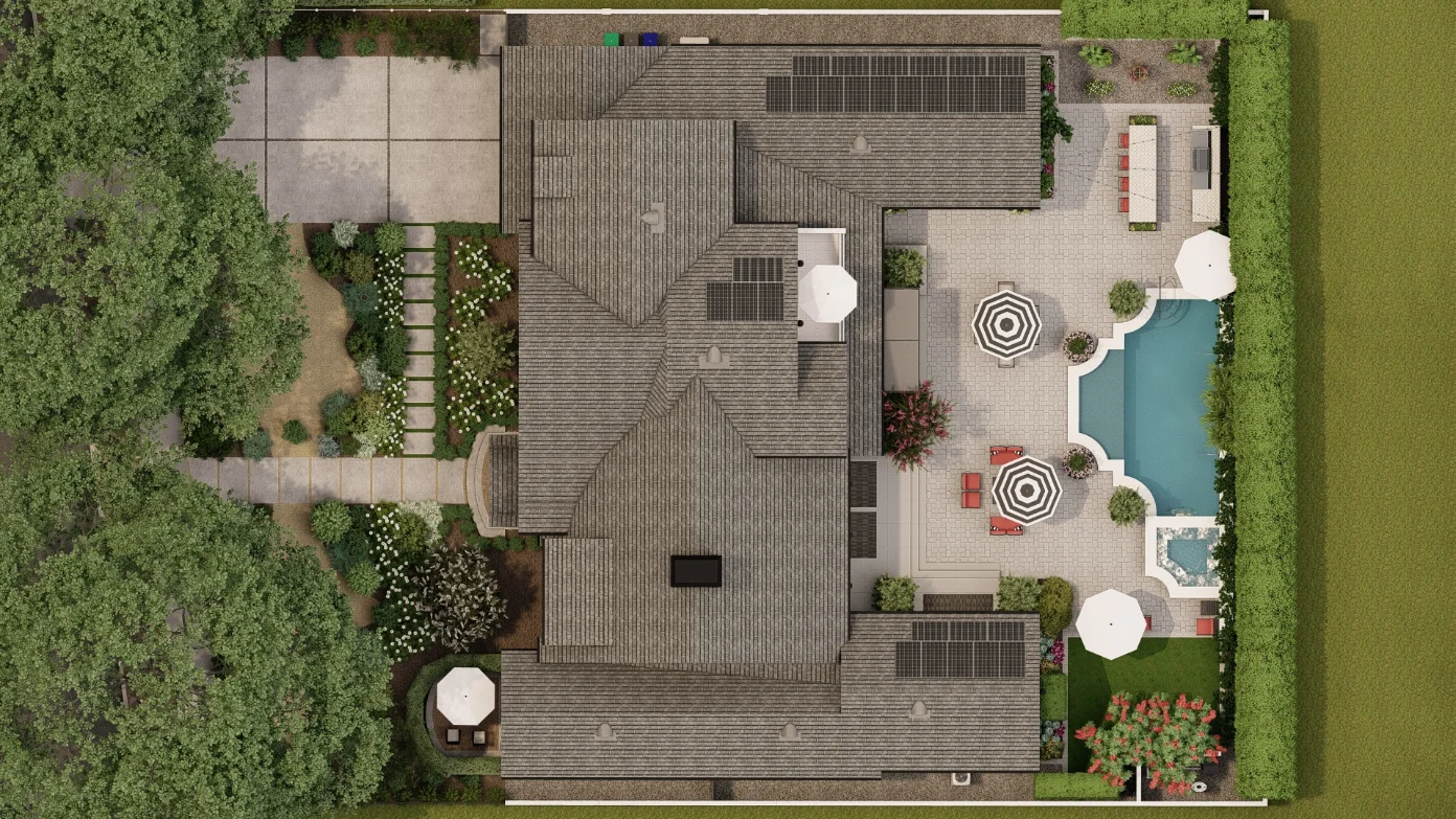 Aerial view of a large CA custom home build rendering in Santa Ana, featuring a gray roof with solar panels, driveway, garden, patio areas with umbrellas, and a backyard pool with seating and landscaping.
