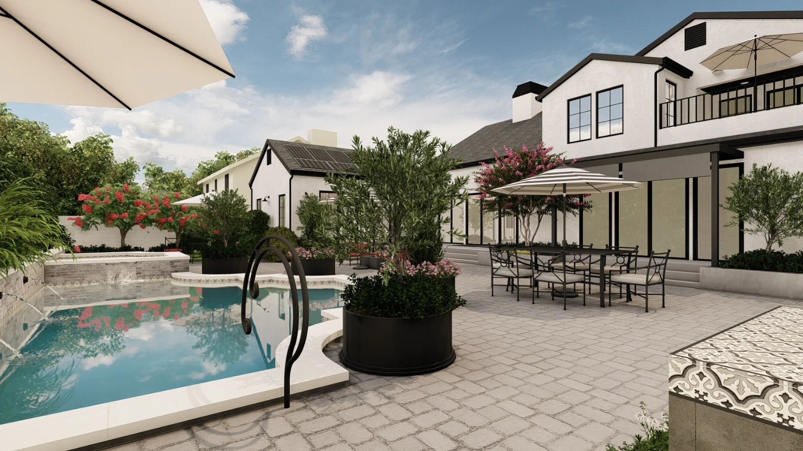 Modern outdoor patio with a swimming pool, lounge chairs, dining table under umbrellas, potted plants, and a white two-story house in the background—perfect for a CA Custom Home Build Rendering in Santa Ana.