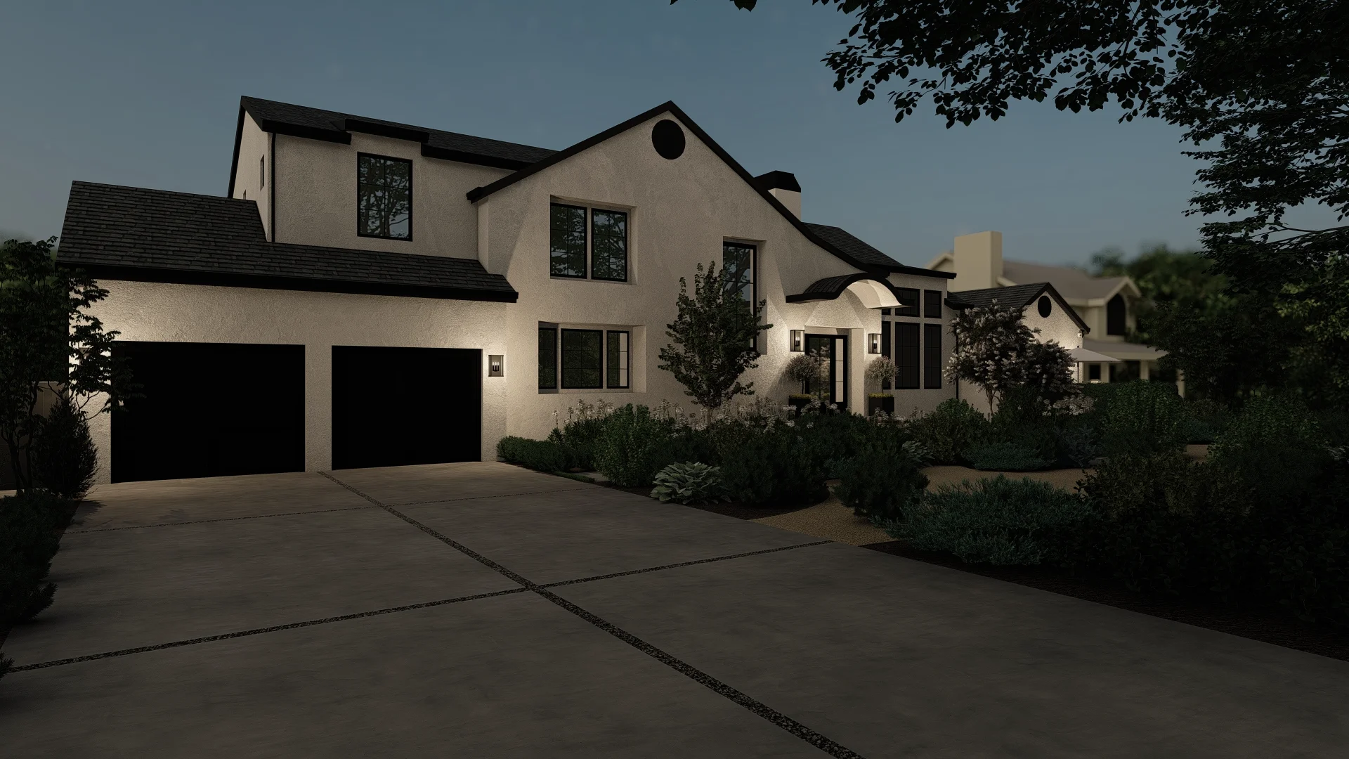 A two-story CA custom home build rendering in Santa Ana, featuring a white exterior, black roof, double garage, and landscaped front yard at dusk.