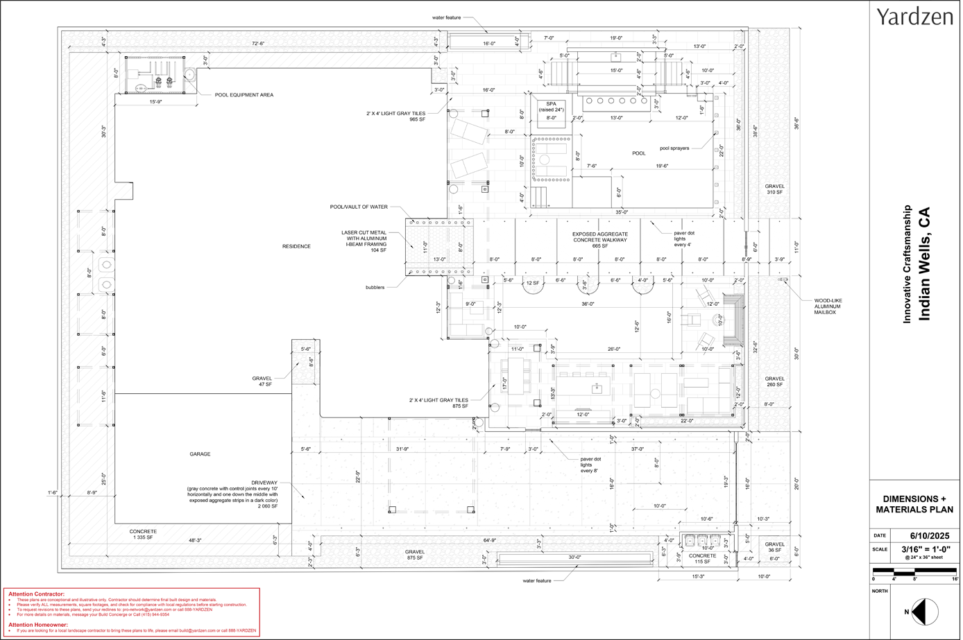 Architectural site plan for a Landscape Remodel and Exterior Home Remodel in Indian Wells, CA, featuring house, garage, patio, pool, landscape areas, and detailed dimensions.