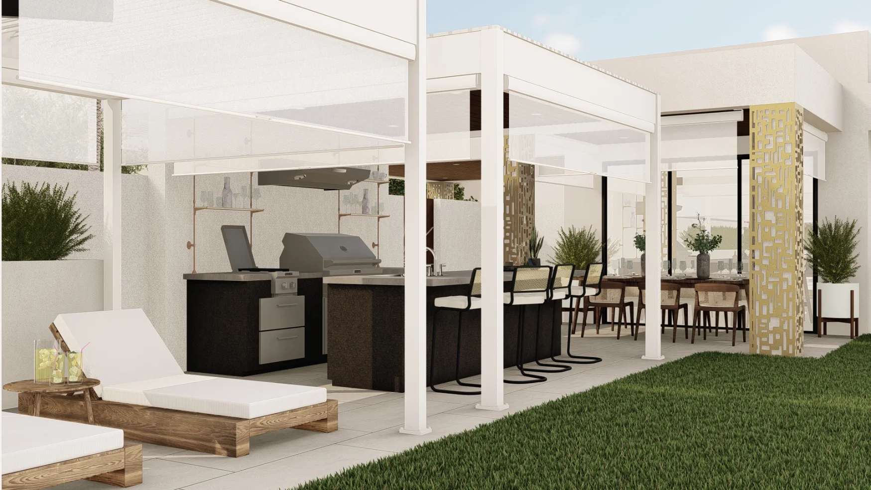 Modern outdoor patio with a covered kitchen area, bar seating, dining table, two lounge chairs, and green lawn in the foreground.