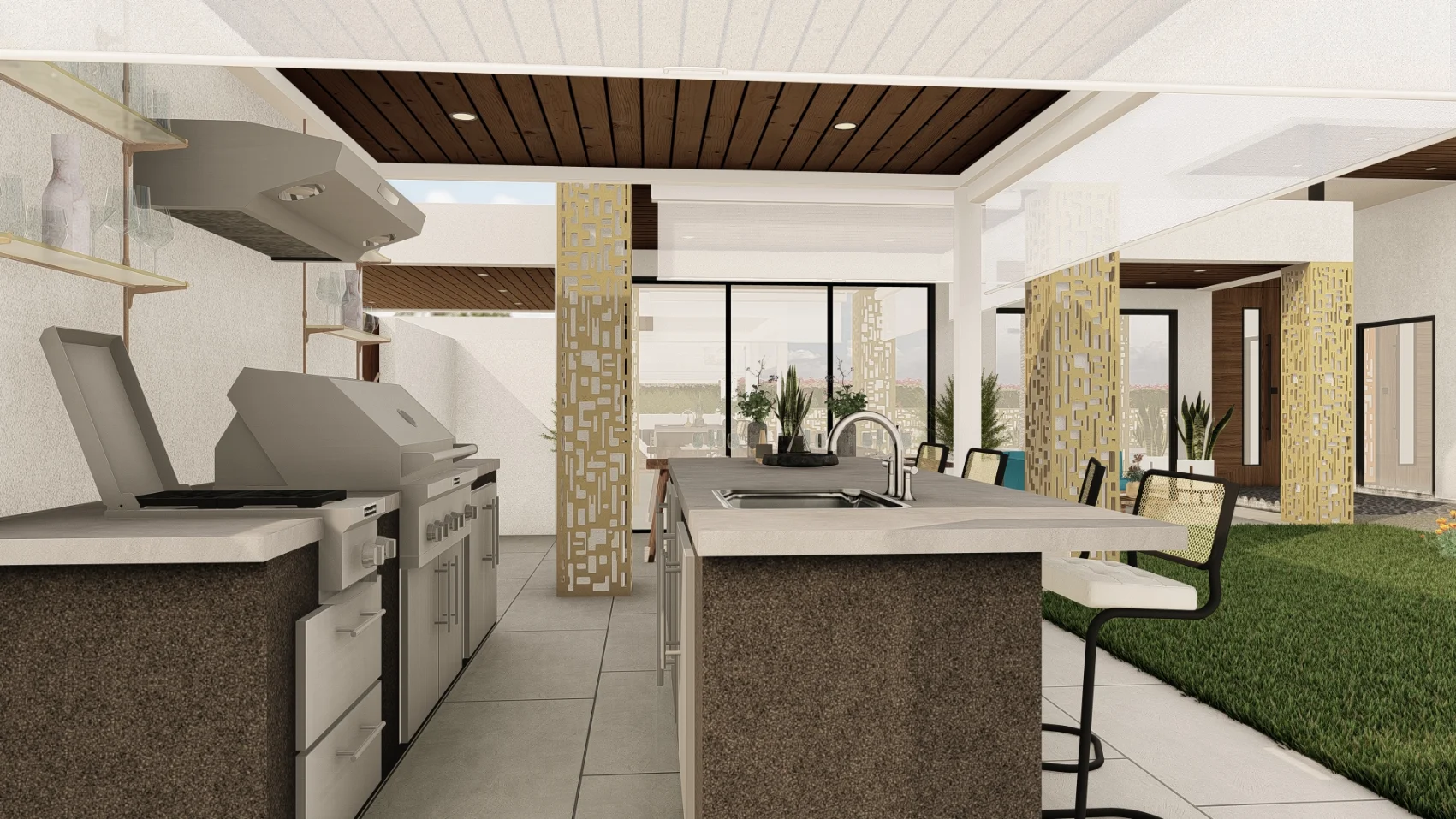 Modern outdoor kitchen with stainless steel appliances, a central island with sink, bar seating, and open view to a grassy yard and patio.
