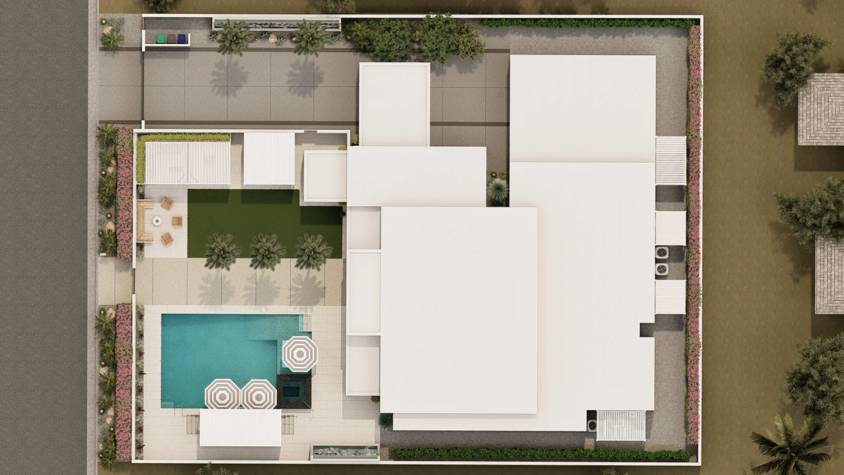 Aerial view of a modern house with a rectangular pool, patio area with seating, lawn, and surrounding paved driveway and pathways.