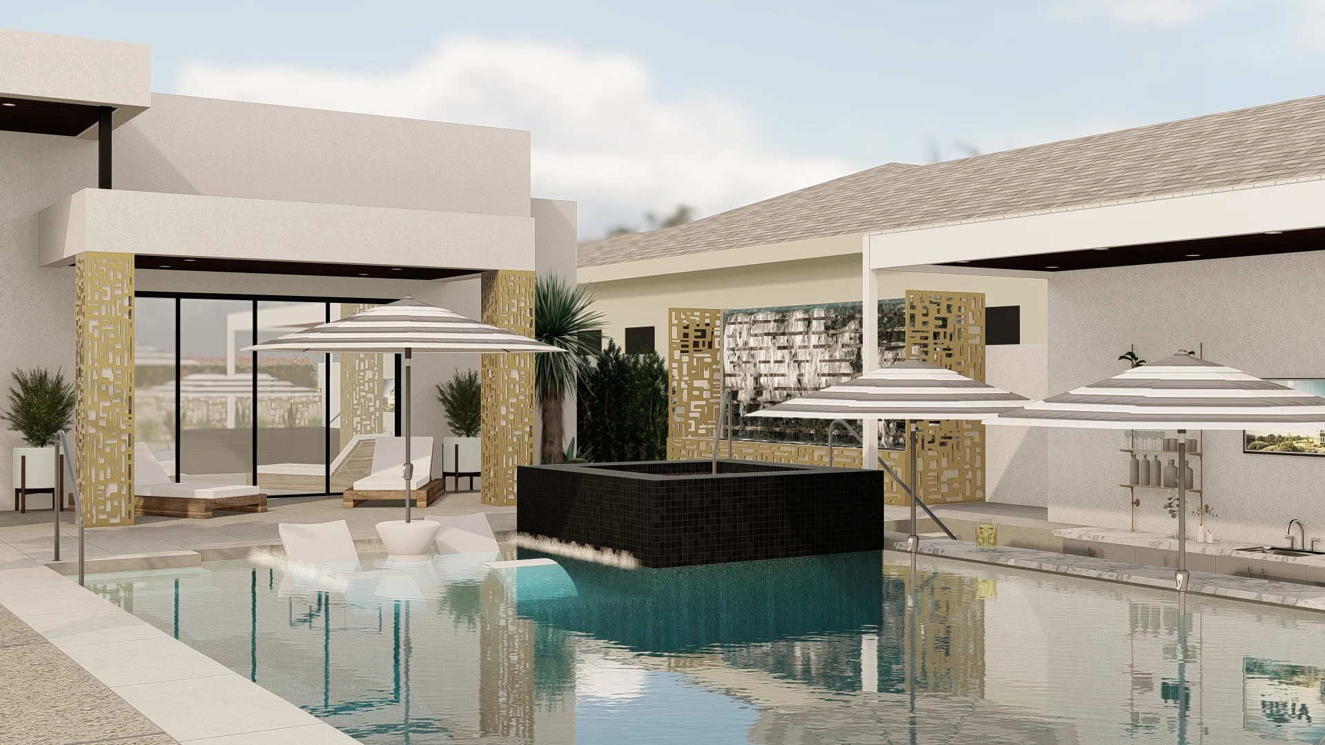 Modern outdoor pool area with lounge chairs partly submerged, geometric umbrellas, and a black fountain feature, surrounded by contemporary buildings and patio seating.