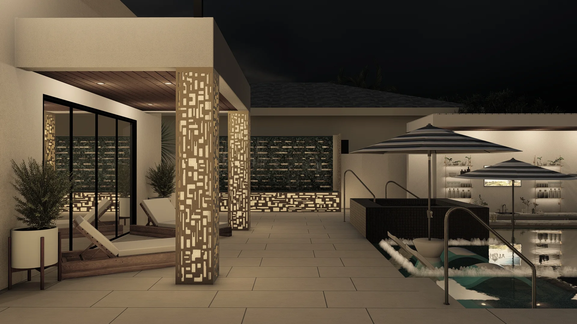 Modern outdoor patio at night featuring lounge chairs, decorative light panels, a pool with steps, potted plants, and an umbrella.