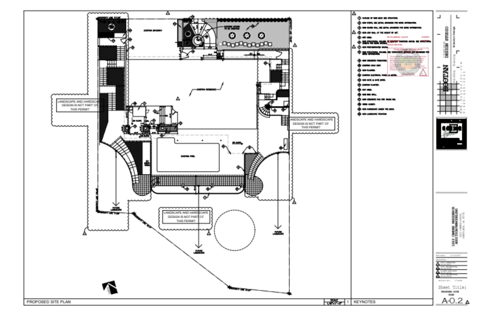 Black and white architectural site plan showing layout of a property with labeled rooms, pool, landscaping, and detailed legend on the right side.
