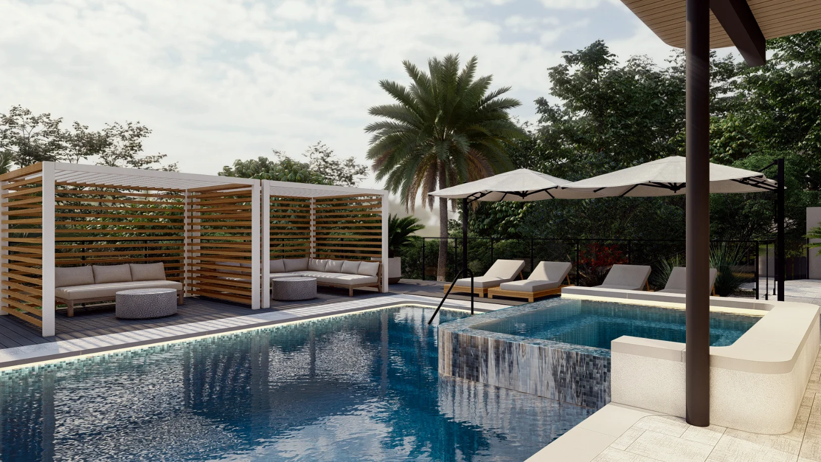 Outdoor pool area with lounge chairs, shaded cabanas, umbrellas, and surrounding greenery under a partly cloudy sky.