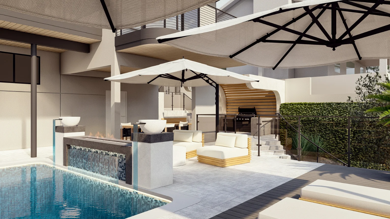 Modern outdoor patio with pool, lounge chairs under large umbrellas, a built-in grill station, and a decorative waterfall feature beside the seating area.