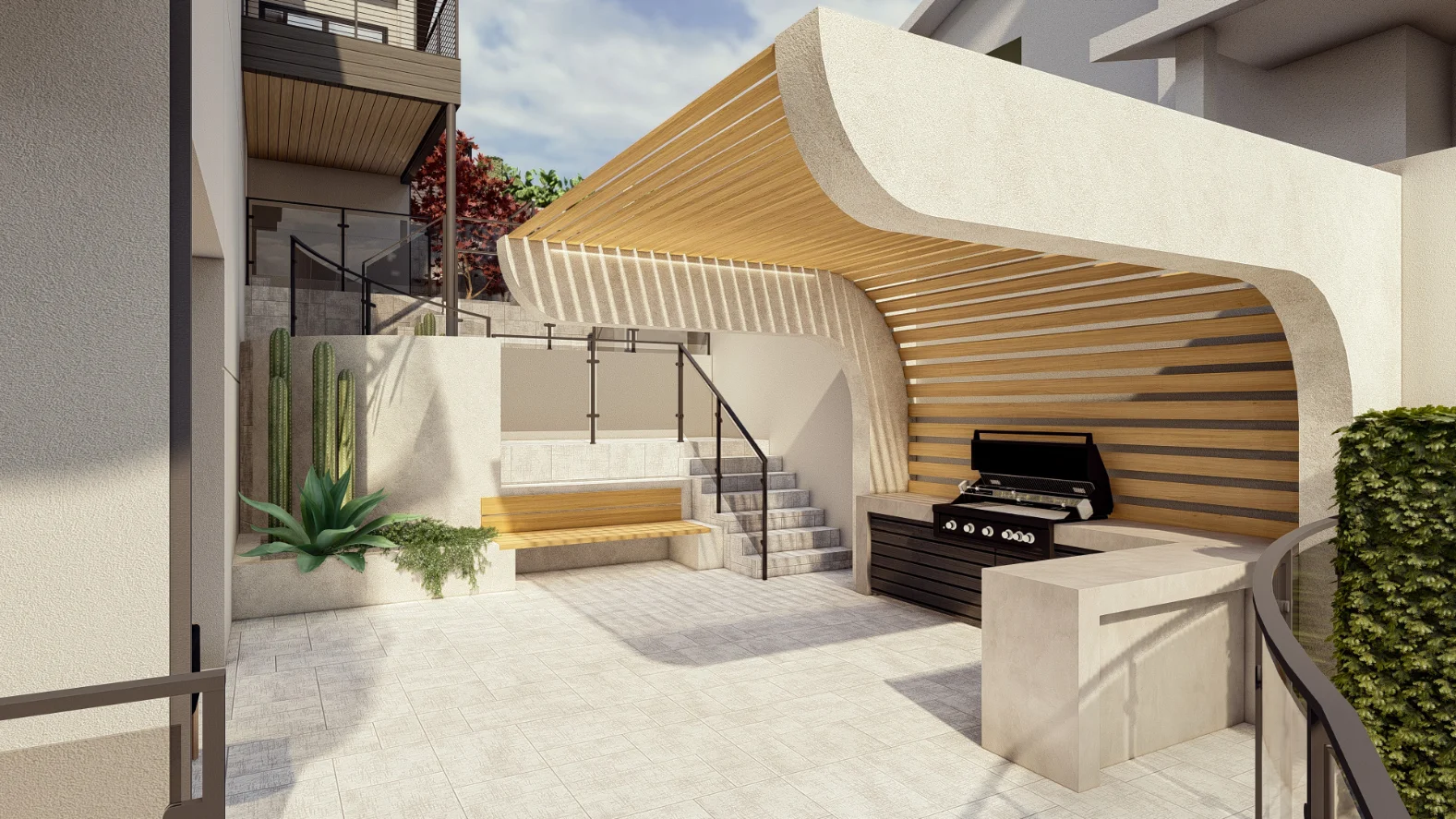 Modern outdoor patio with curved wooden canopy, built-in bench, potted plants, stairs, and a stainless steel barbecue grill on a tiled floor.