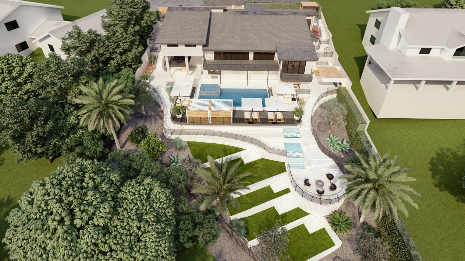 Aerial view of a modern house with a pool, multiple terraces, outdoor seating areas, and landscaped greenery surrounding the property.