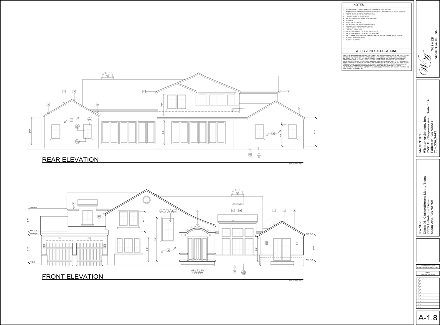 Architectural blueprint showing the rear and front elevation views of a two-story residential house with detailed measurements and notes.