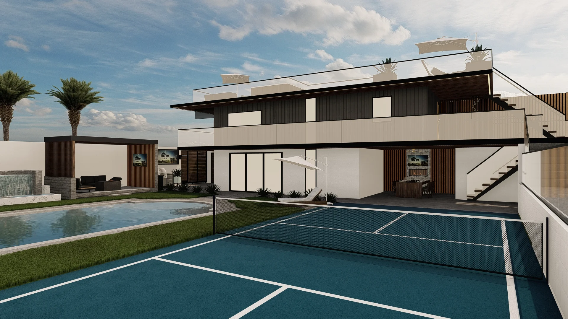 Modern two-story house with glass railings, a rooftop terrace, adjacent pool, tennis court, and palm trees under a partly cloudy sky.