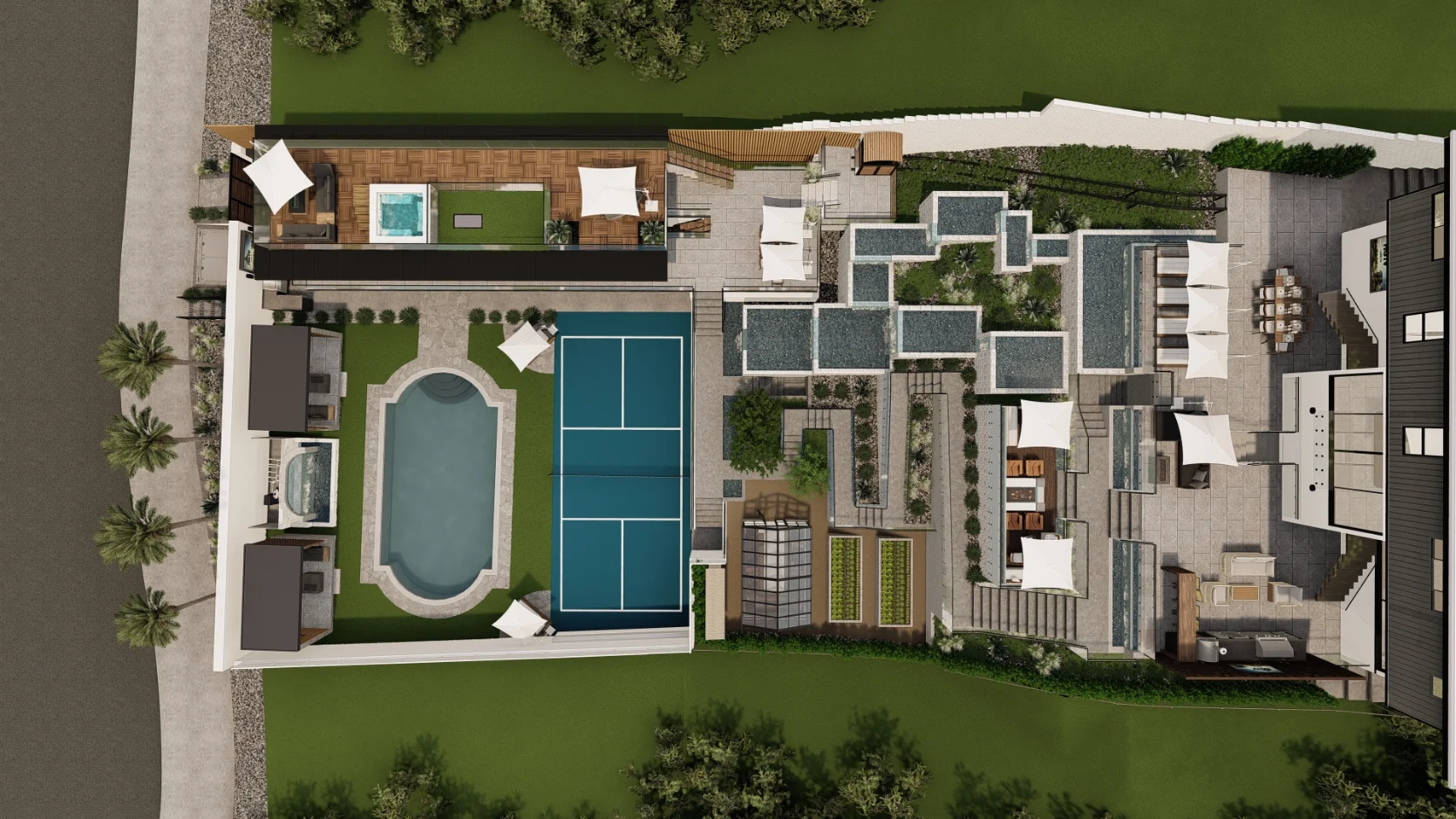Aerial view of a landscaped recreational area with a swimming pool, two tennis courts, shaded seating, pathways, hot tubs, cabanas, and greenery.