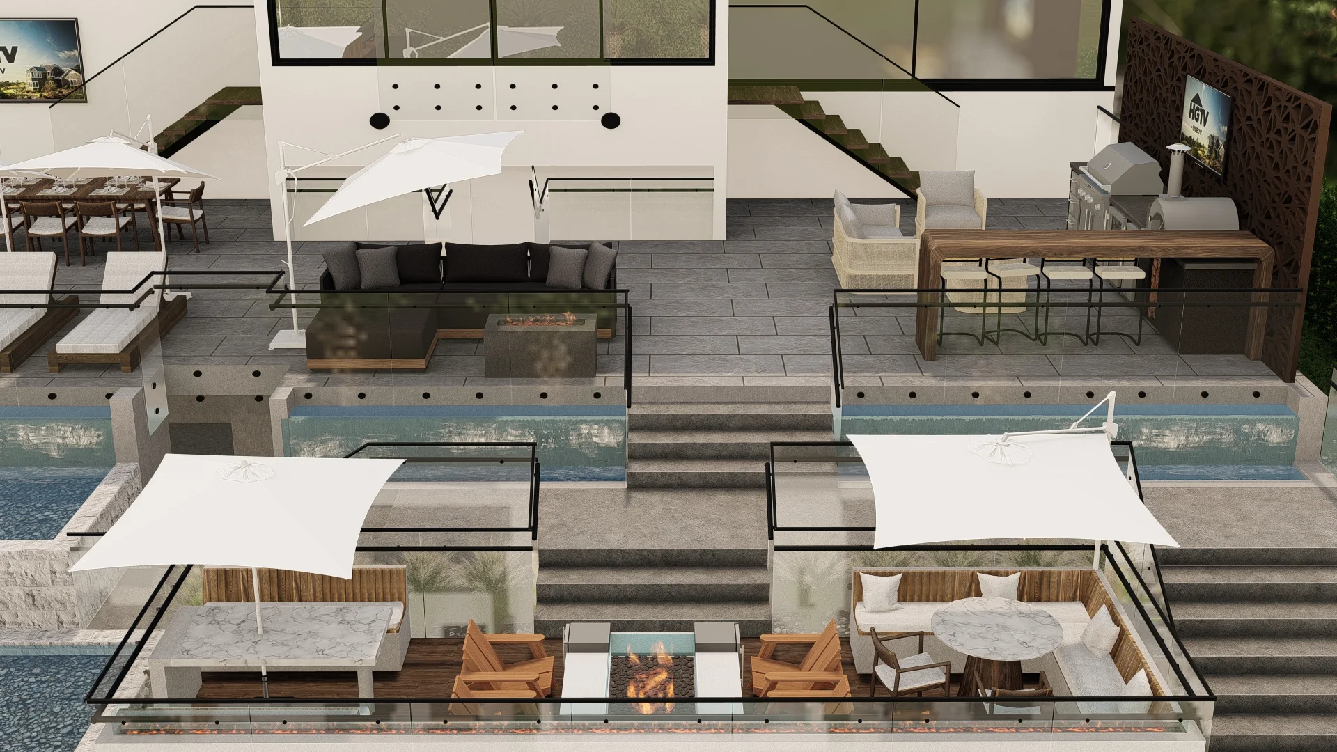 Multi-level outdoor patio with dining and seating areas, fire pit tables, umbrellas, a grill station, modern furniture, and stairs connecting each level.