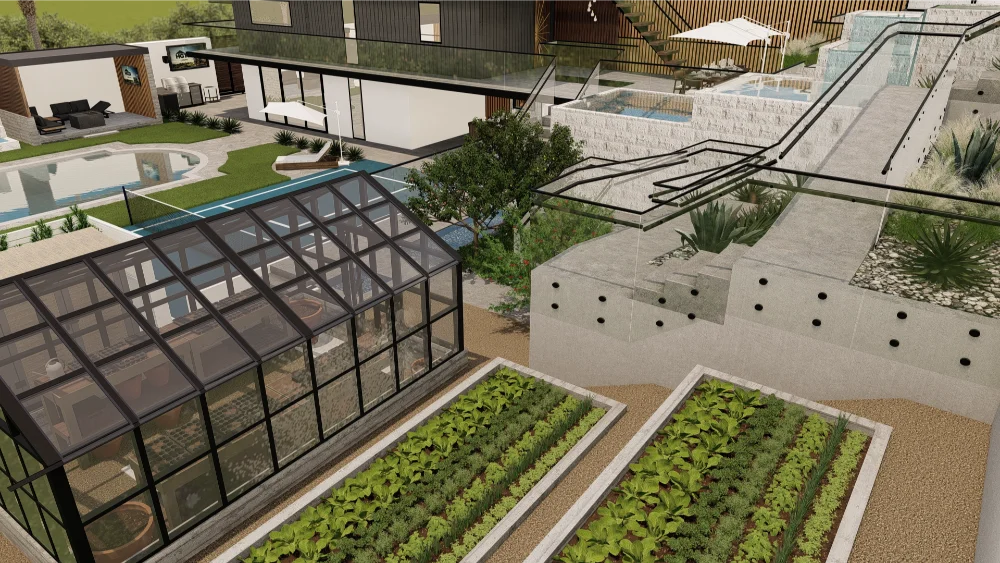 A modern home with a greenhouse, vegetable garden beds, a pool, terraces, and contemporary landscaping—perfect for Outdoor Living and relaxation.