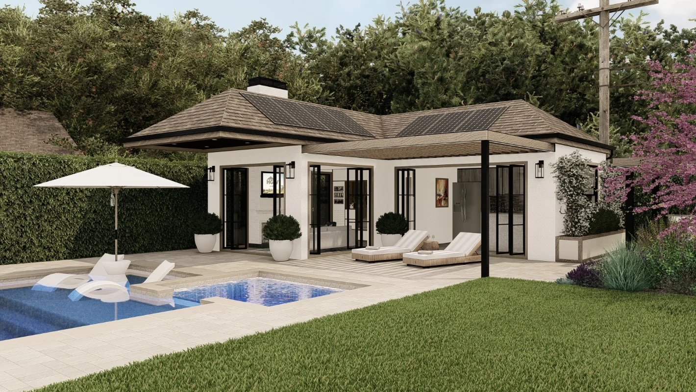 Modern pool house with solar panels, large windows, pool, lounge chairs, umbrella, and manicured lawn surrounded by greenery and flowering plants.