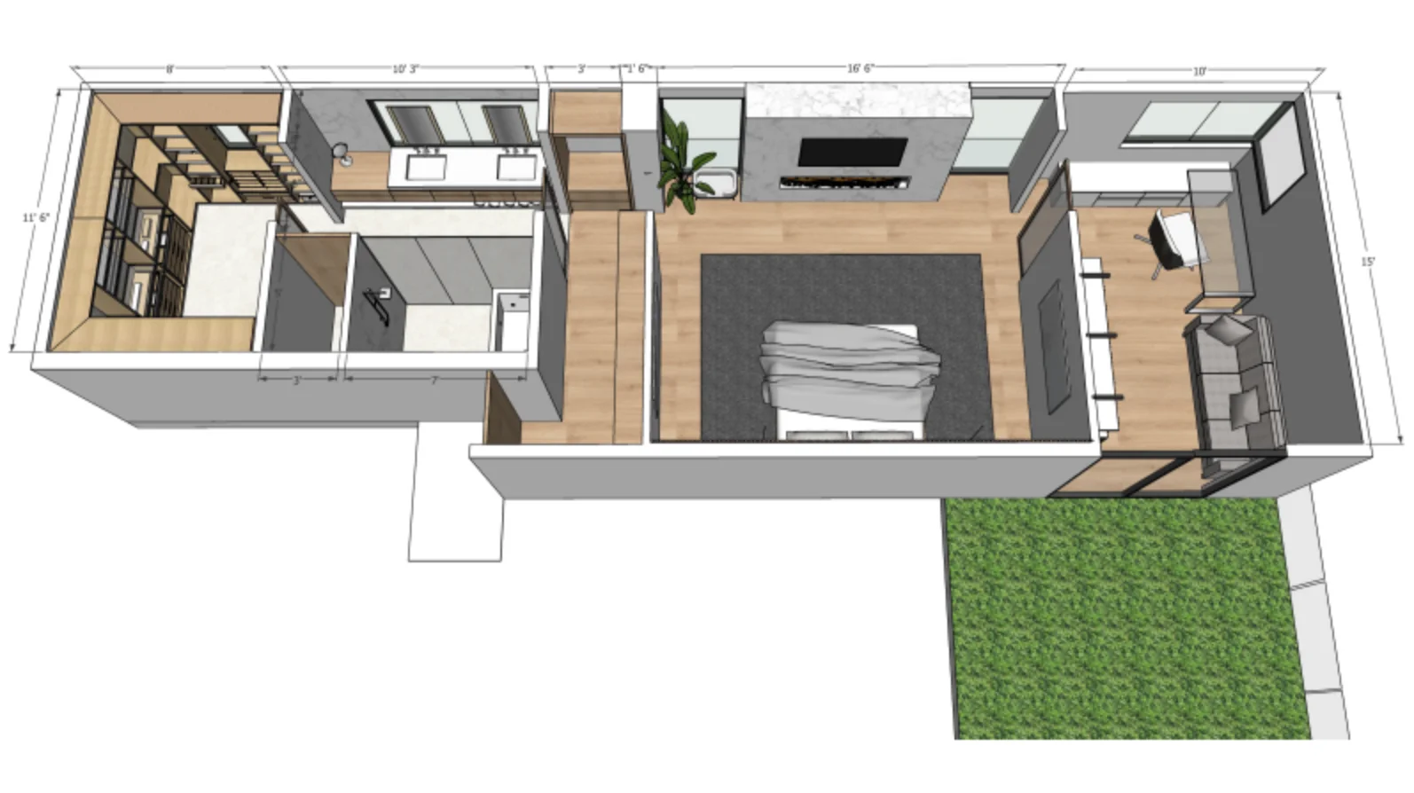 3D floor plan showing a bedroom, living area, bathroom, closet, and a section of lawn outside. Furniture and fixtures are visibly arranged within each room.