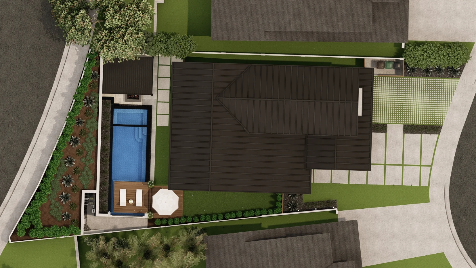 Aerial view of a modern house with a rectangular swimming pool, wooden deck, patio umbrella, landscaped garden, and driveway.
