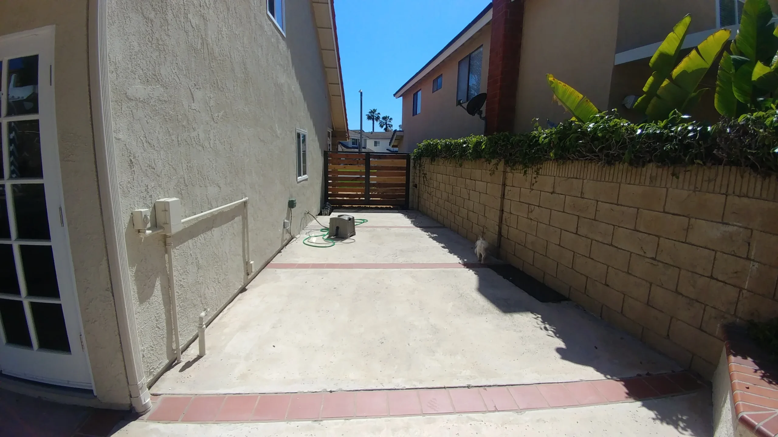 A narrow, sunlit concrete patio bordered by a beige house and a brick wall with greenery, featuring a coiled hose and a wooden gate at the end.