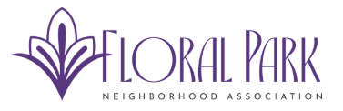 Floral Park Neighborhood Association logo with a stylized purple flower.