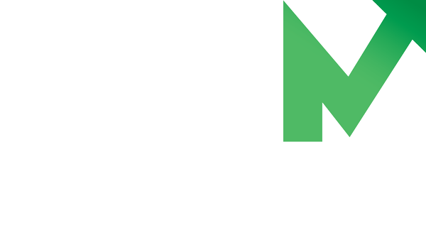 Green gradient geometric logo fragment forming an 'M' in the top-right corner on a white background